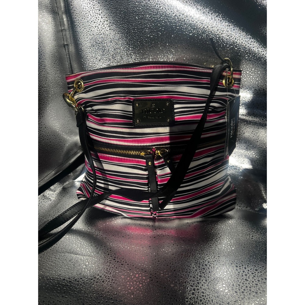 Nicole Miller New York Striped Crossbody Bag Pink Black White Gold Hardware NEW